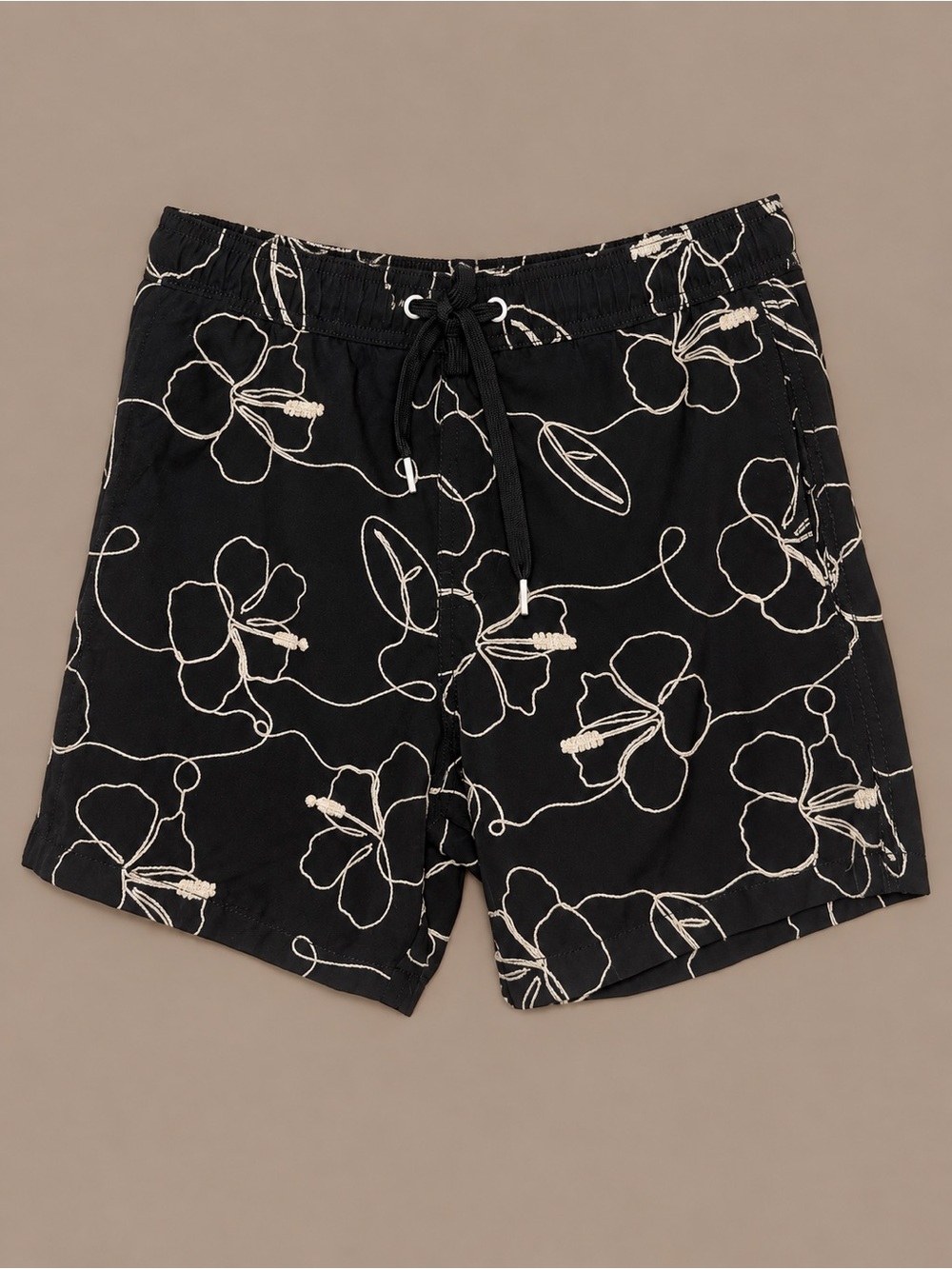 Malibu by Drill Men’s M Black Hibiscus Embroidered Swim Trunks Board Shorts
